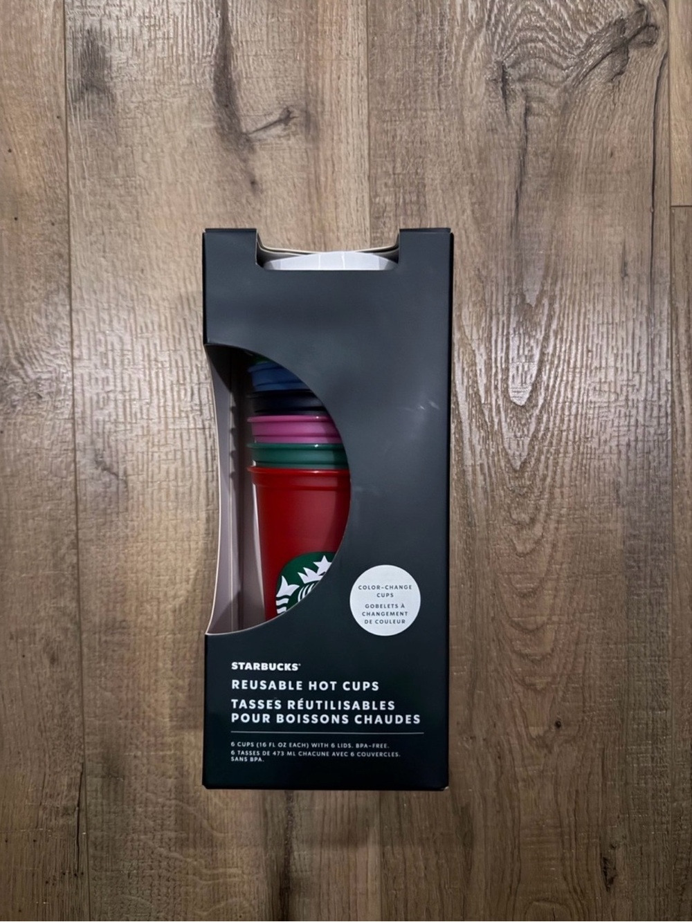 NIB Starbucks Color Changing Reusable Hot Cups Pack of 6 Lids Included 16oz